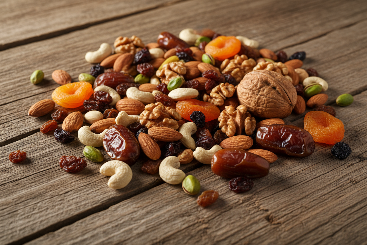 Mix dry fruits laying on wodden table 